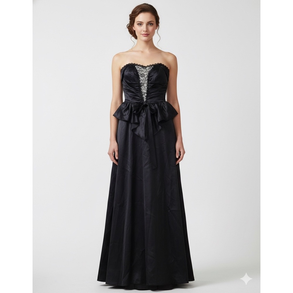 Vtg 1990s IGLW Blk Satin Gothic Romantic Strapless Peplum Lace Gown Sz 11/12